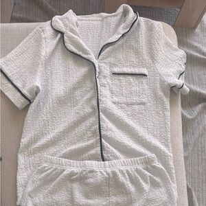 White Textured Pajama Set with Black Trim
